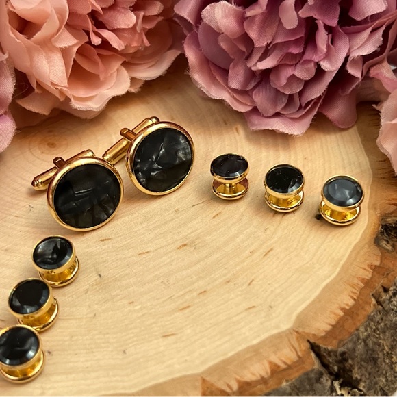Black Mother of Pearl Cufflinks Tuxedo Studs Formal 8 Pcs Set - Picture 6 of 16